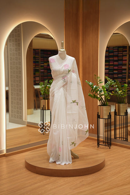 Cotta Embroidery Saree White With Baby Pink