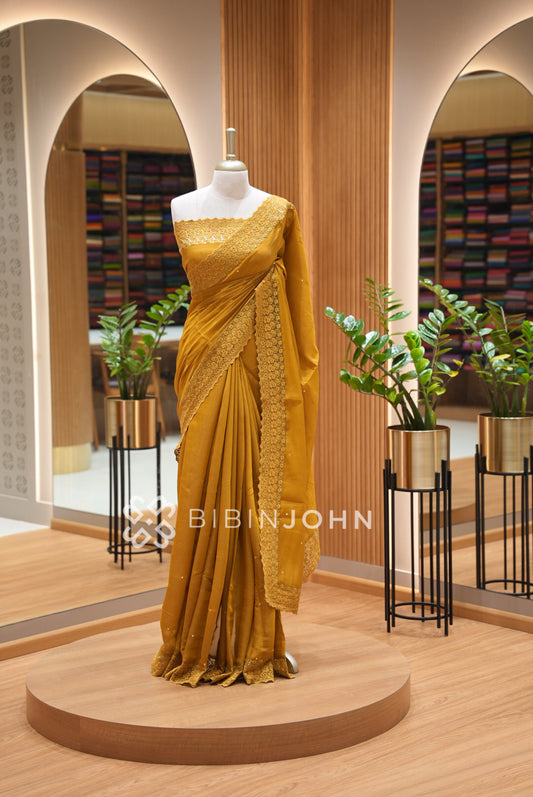 Chanderi Embroidery Saree For Women Mustard Yellow 