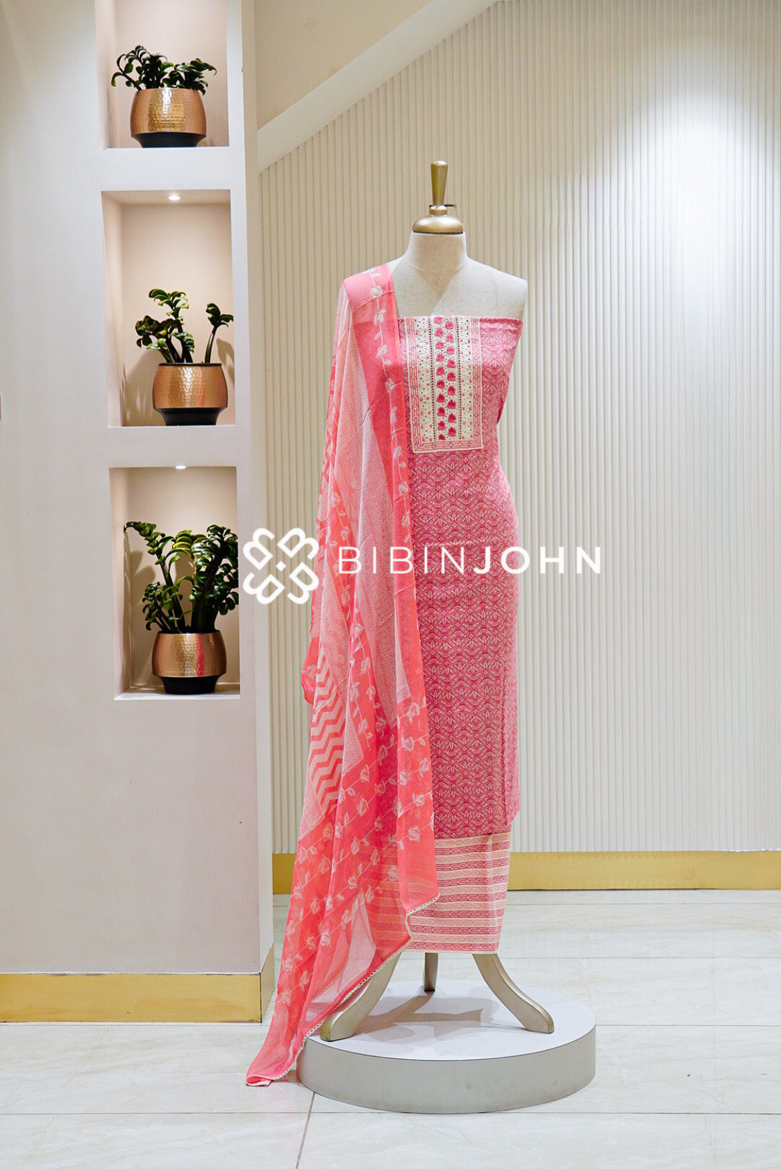 Cotton Embroidery Unstitched Salwar Suit Material Coral Pink