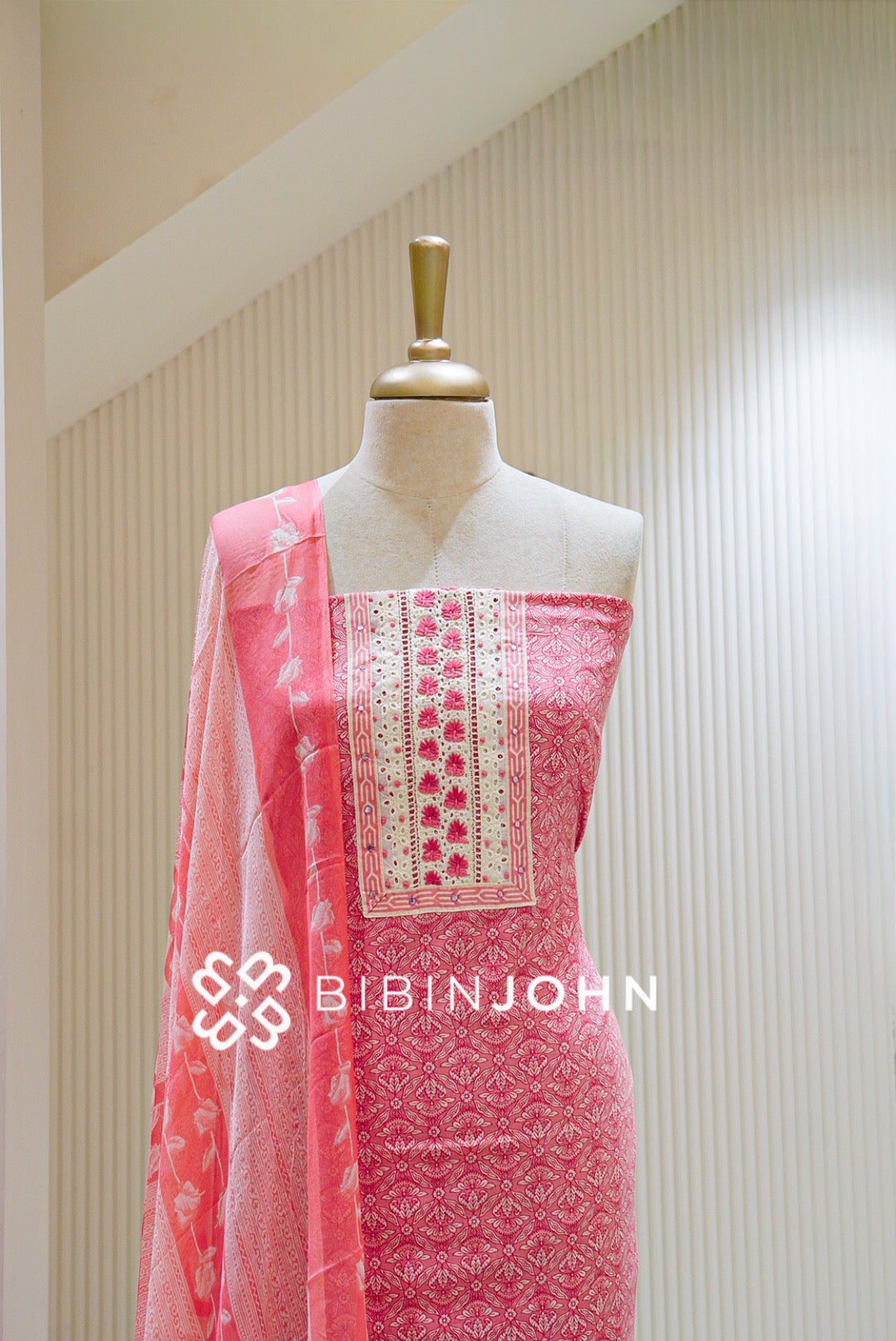 Cotton Embroidery Unstitched Salwar Suit Material Coral Pink close view