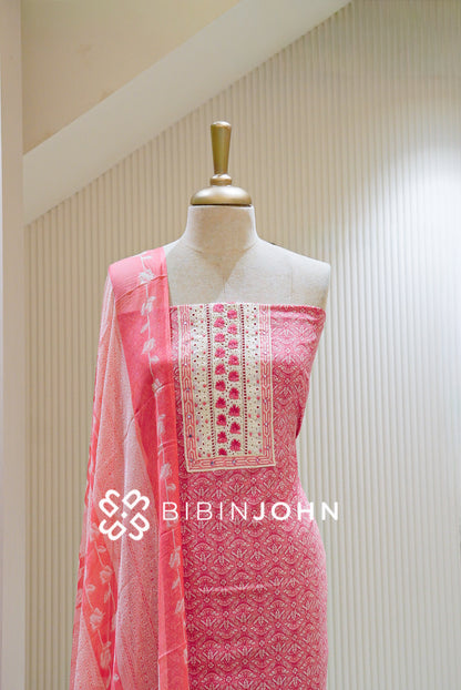 Cotton Embroidery Unstitched Salwar Suit Material Coral Pink close view