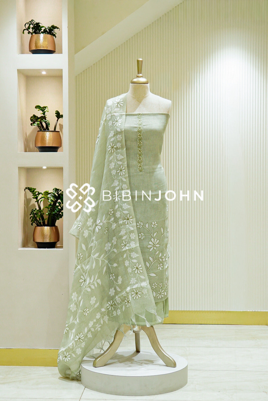 Art Linen Embroidery Unstitched Salwar Suit Material  Pastel Sage Green