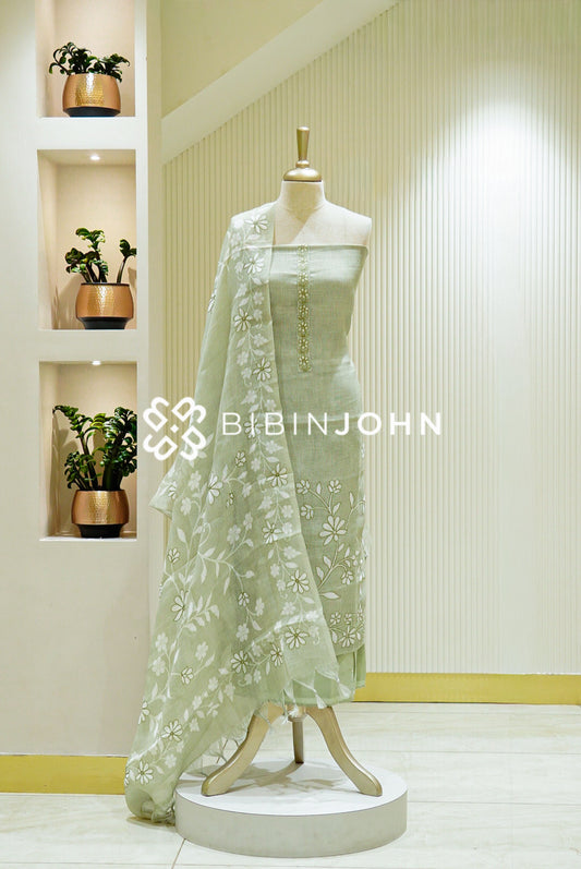 Art Linen Embroidery Unstitched Salwar Suit Material  Pastel Sage Green