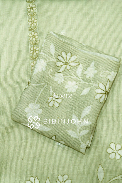 Art Linen Embroidery Unstitched Salwar Suit Material  Pastel Sage Green dupatta