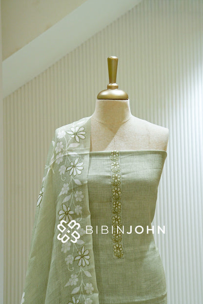 Art Linen Embroidery Unstitched Salwar Suit Material  Pastel Sage Green close view