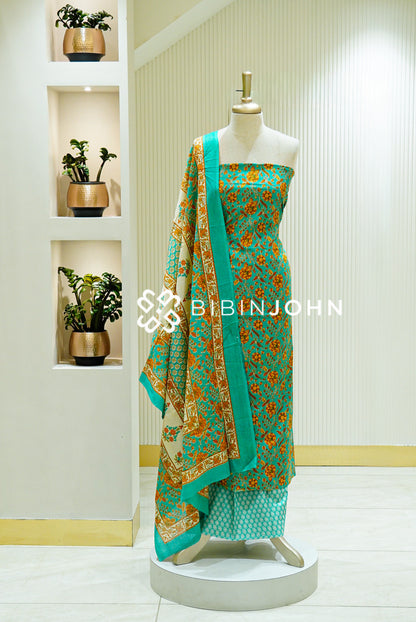 Printed Cotton Unstitched Salwar Suit Material Aqua Blue 