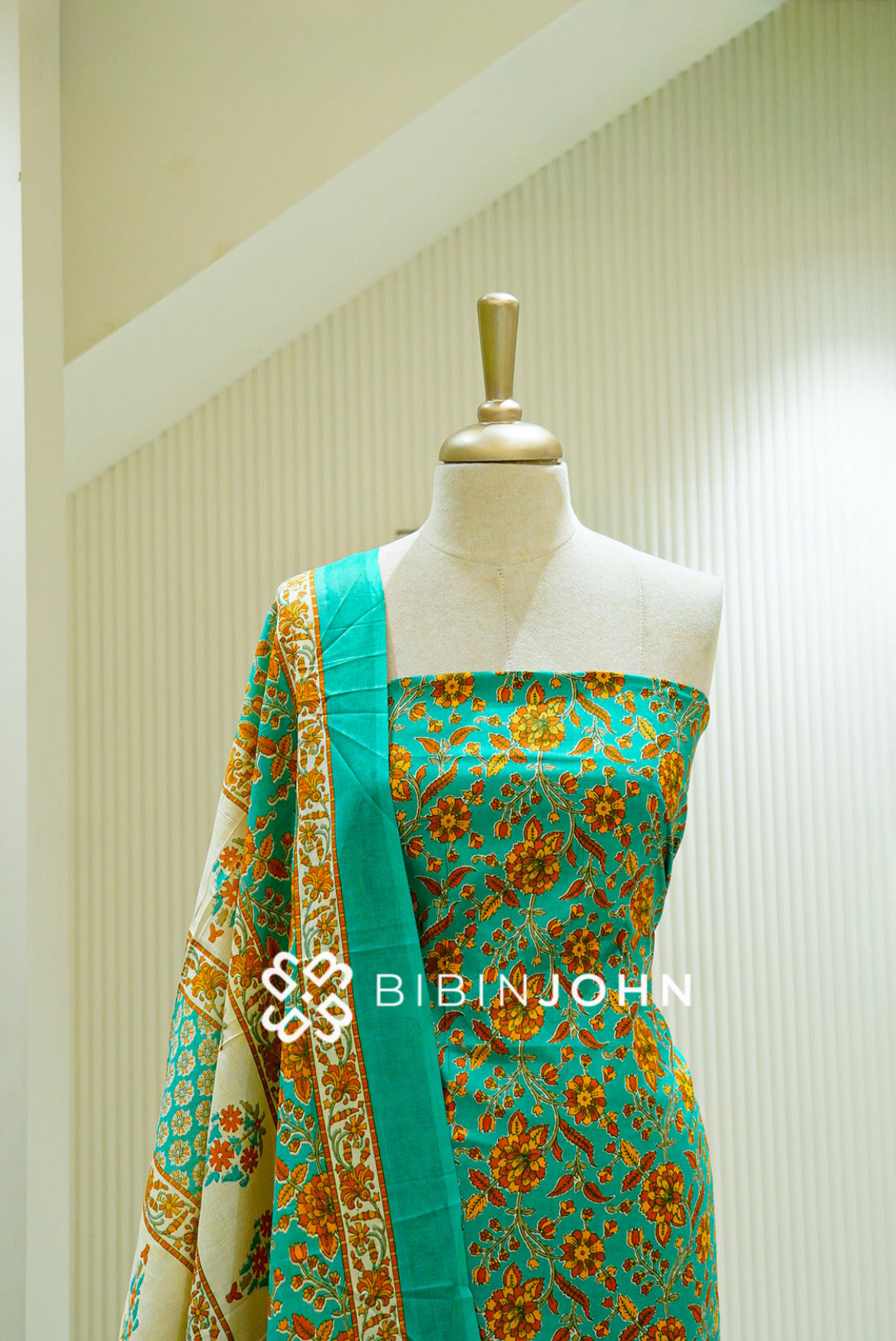 Printed Cotton Unstitched Salwar Suit Material Aqua Blue  close view