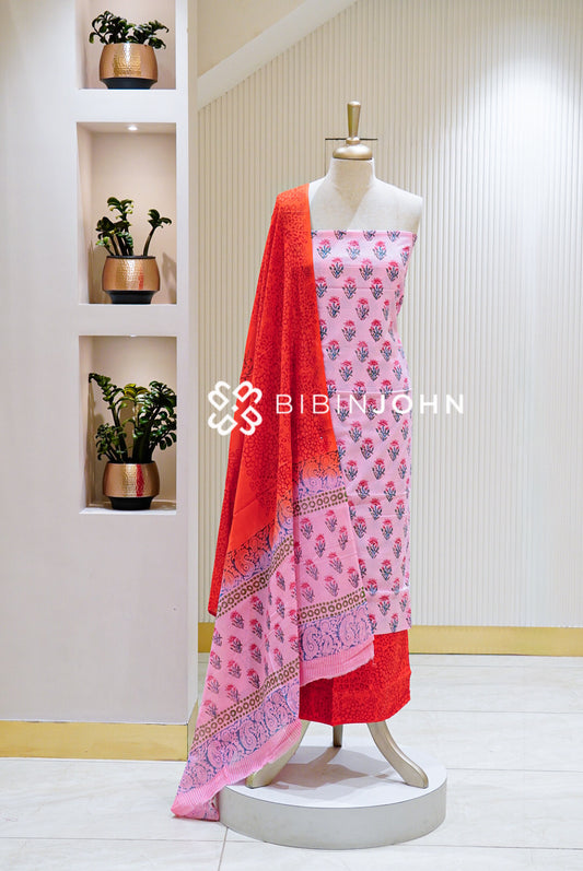 Printed Cotton Unstitched Salwar Suit Material Pink