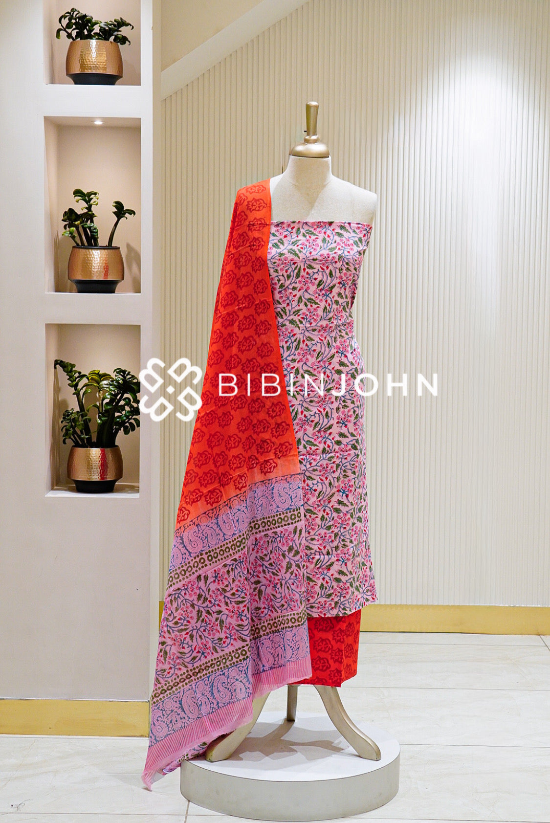 Printed Cotton Unstitched Salwar Suit Material Light Pink with Red