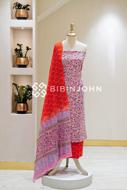 Printed Cotton Unstitched Salwar Suit Material Light Pink with Red