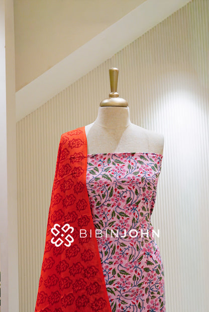Printed Cotton Unstitched Salwar Suit Material Light Pink with Red close view
