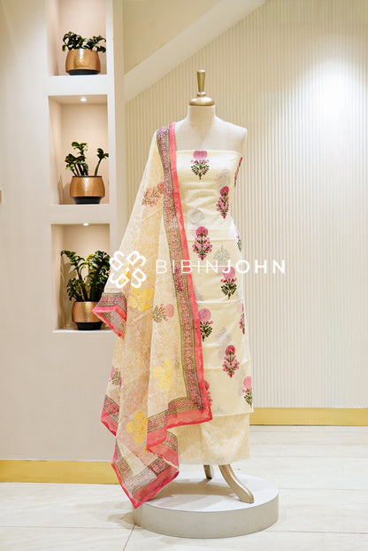 Printed Cotton Unstitched Salwar Suit Material Ivory 