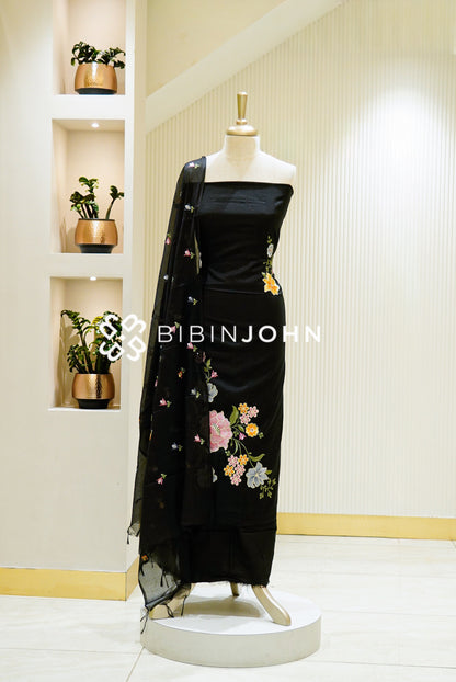 Chanderi Embroidery Unstitched Salwar Suit Material Black