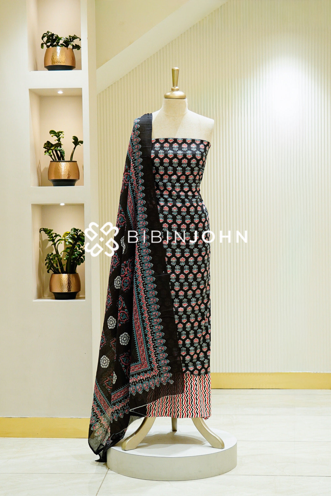 Printed Cotton Unstitched Salwar Suit Material Black 