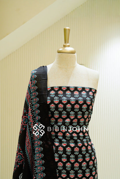 Printed Cotton Unstitched Salwar Suit Material Black  close view