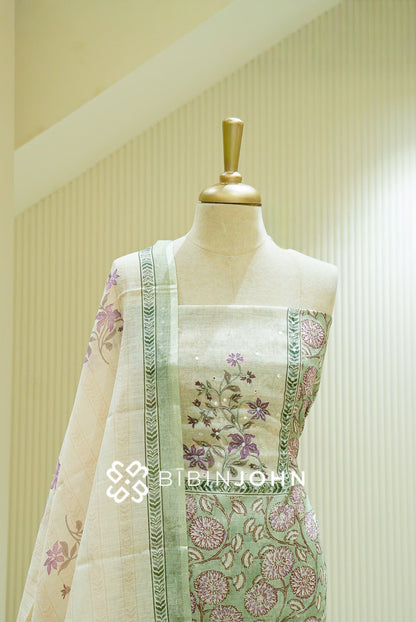 Art Linen Embroidery Unstitched Salwar Suit Material Sage Green  CLOSE VIEW