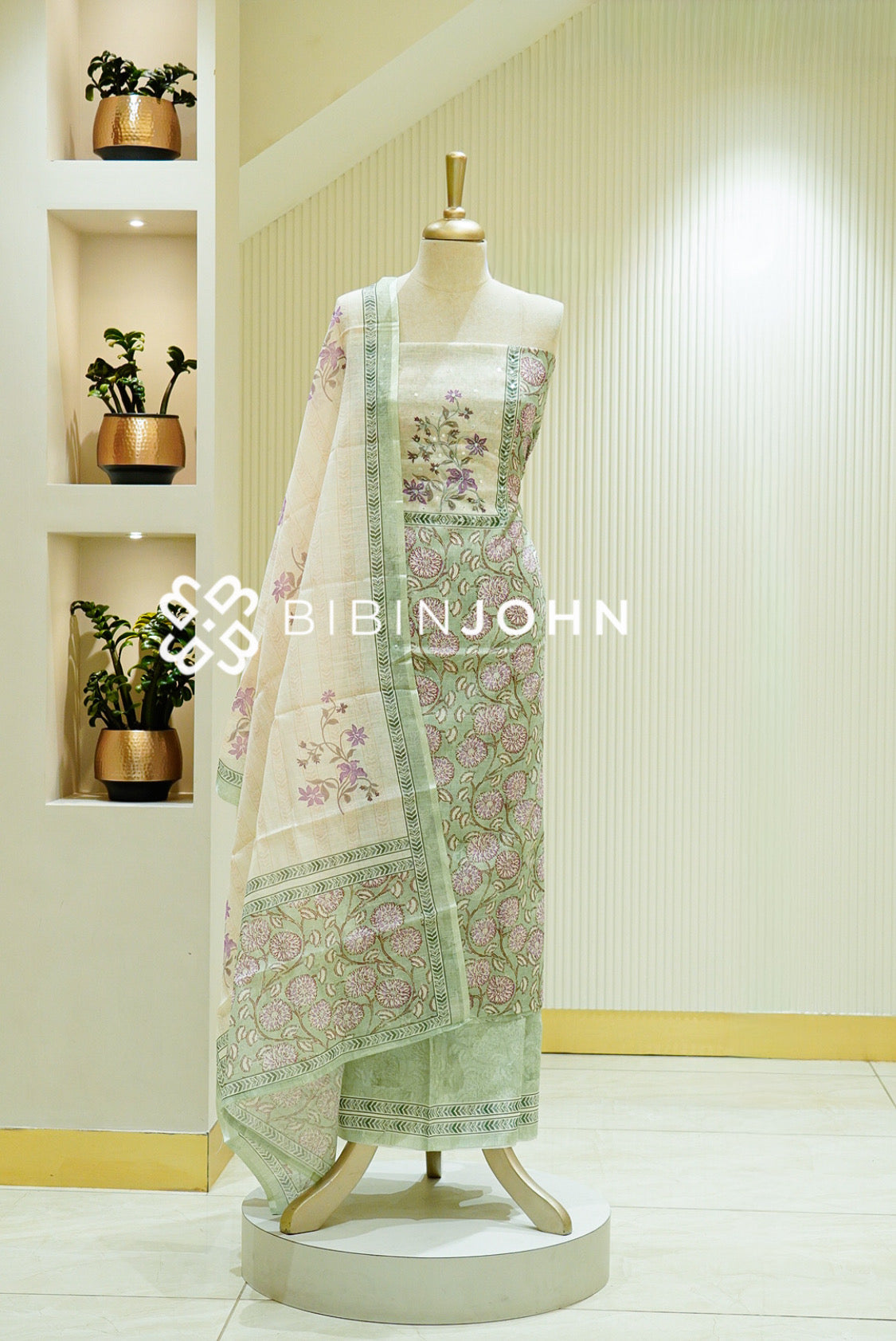 Art Linen Embroidery Unstitched Salwar Suit Material Sage Green 