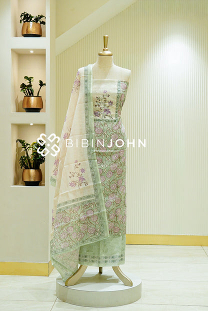 Art Linen Embroidery Unstitched Salwar Suit Material Sage Green 