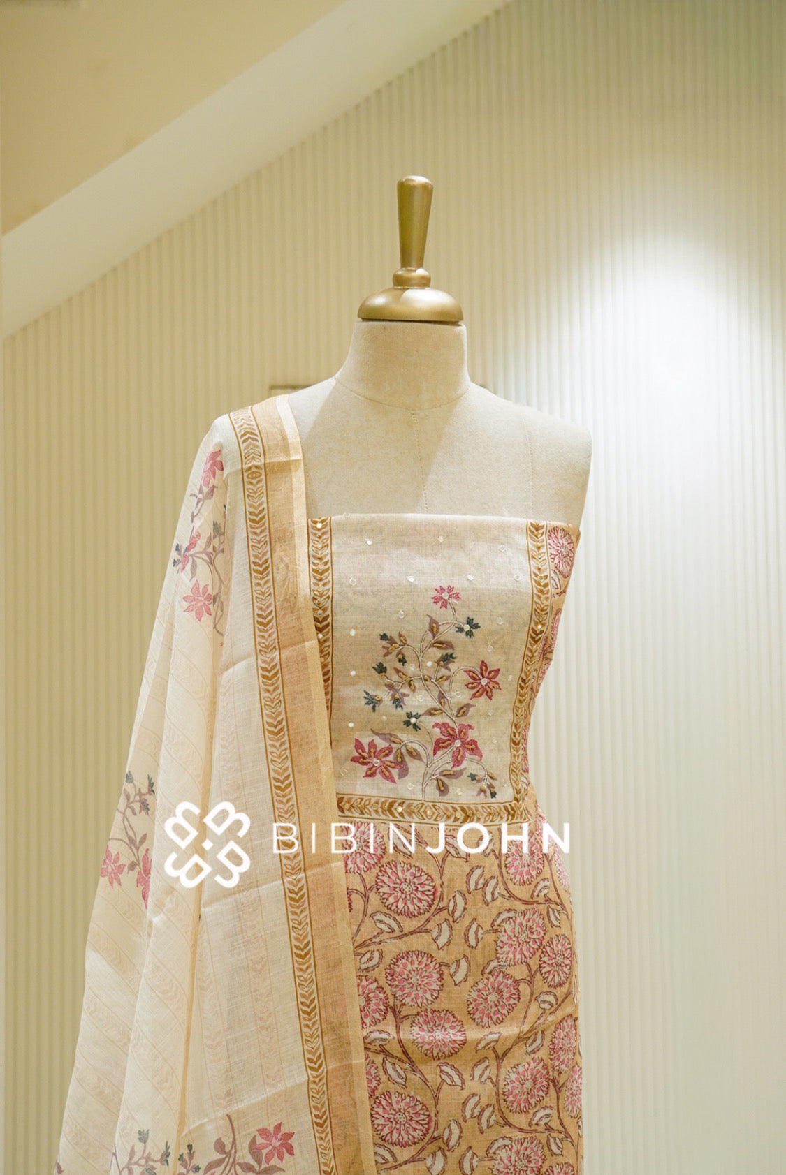 Linen Embroidery Unstitched Salwar Suit Material Ivory close view