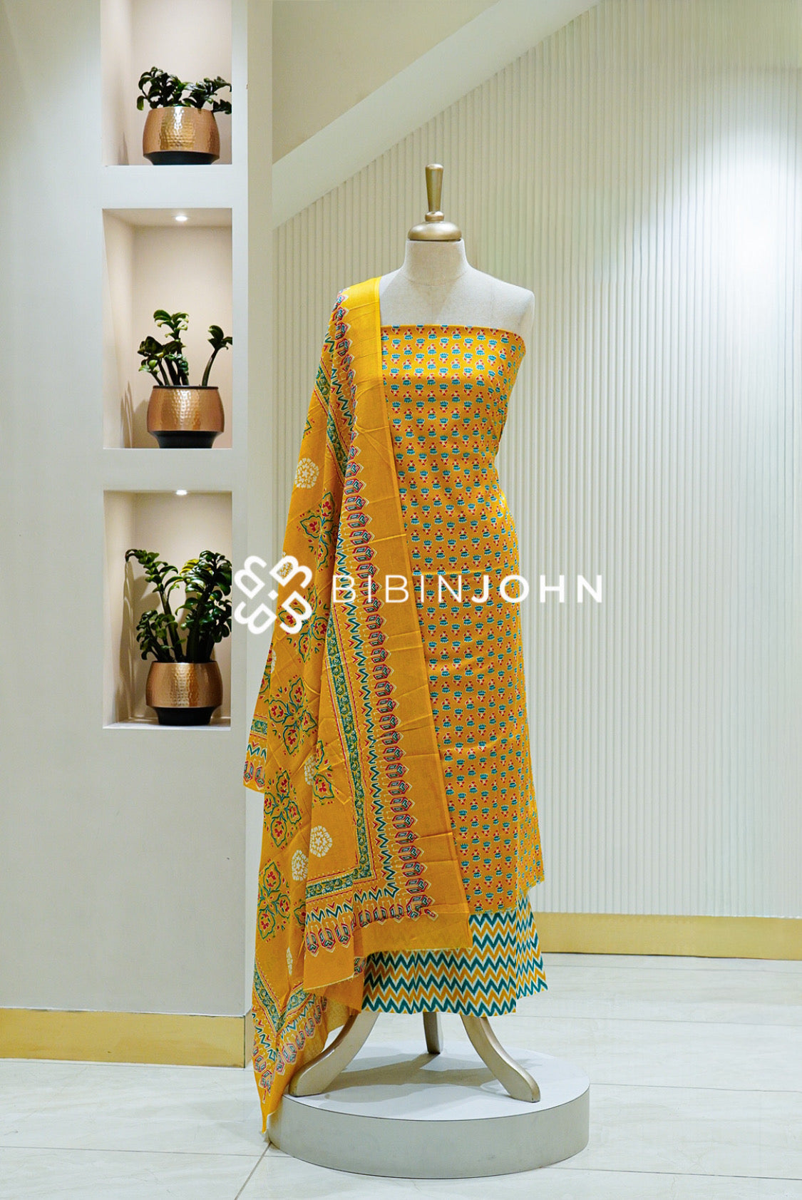 Printed Cotton Unstitched Salwar Suit Material Mustard Yellow with Teal Blue