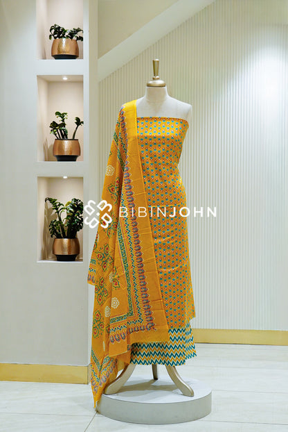 Printed Cotton Unstitched Salwar Suit Material Mustard Yellow with Teal Blue