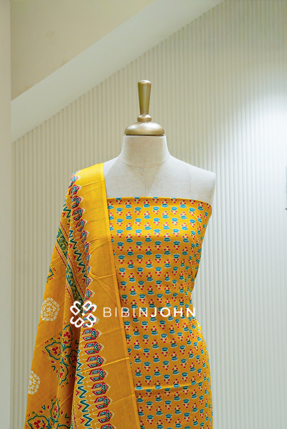 Printed Cotton Unstitched Salwar Suit Material Mustard Yellow with Teal Blue close view