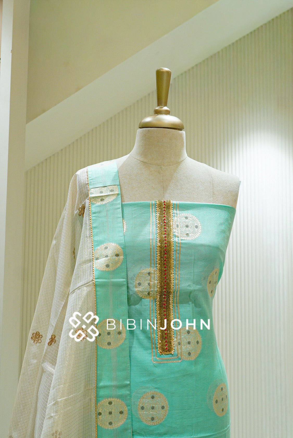Chanderi Unstitched Salwar Suit Material Mint Green close view