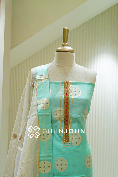 Chanderi Unstitched Salwar Suit Material Mint Green close view
