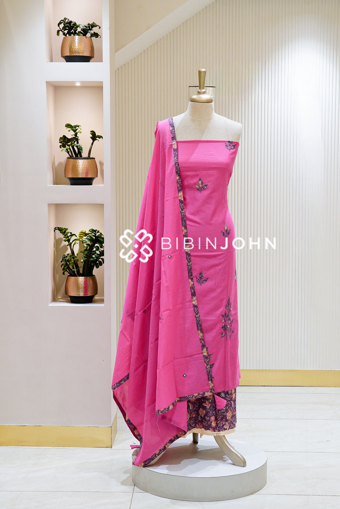 Chanderi Embroidery Unstitched Salwar Suit Material Rani Pink 