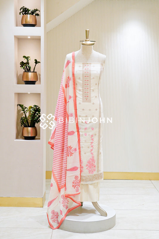 Cotton Banarasi Unstitched Salwar Suit Material  Ivory White with Coral Pink  BJ1272