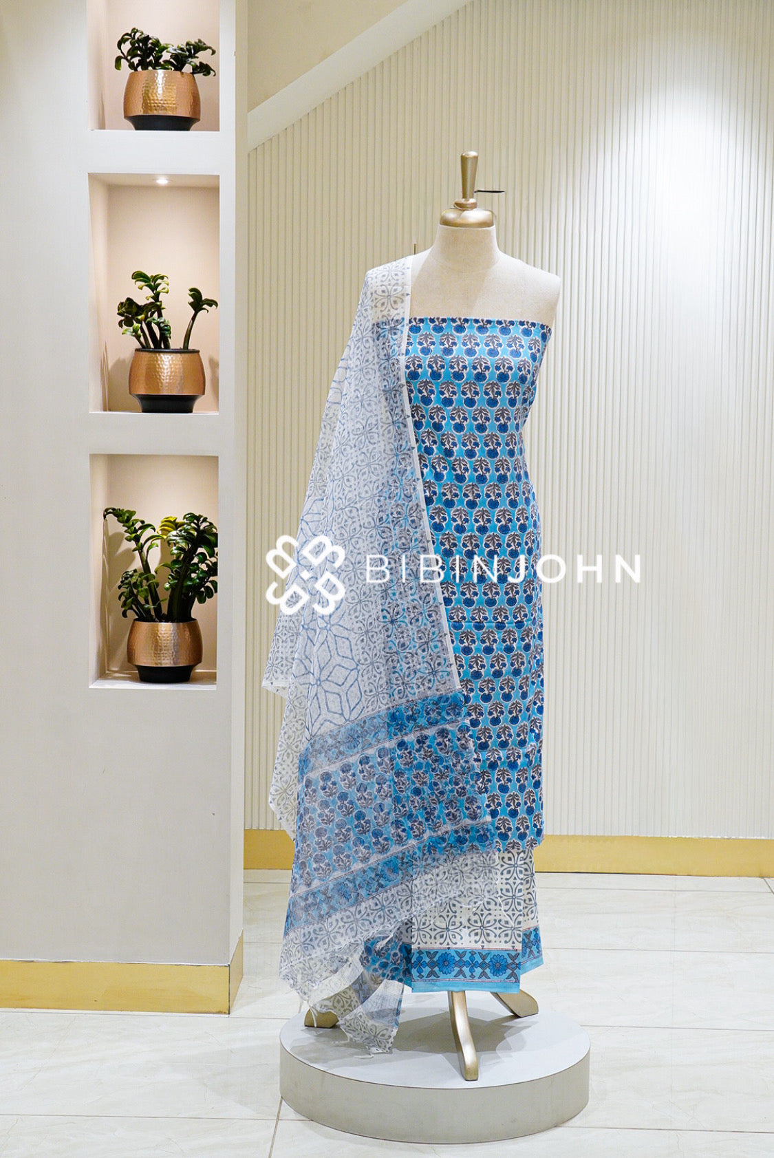 Printed Cotton Unstitched Salwar Suit Material Turquoise Blue