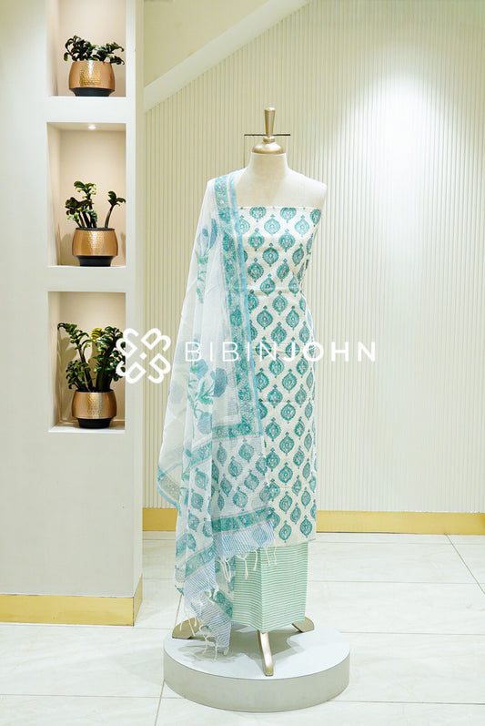 Printed Cotton Unstitched Salwar Suit Material Off-White 