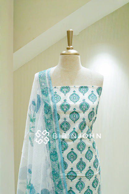 Printed Cotton Unstitched Salwar Suit Material Off-White  close view