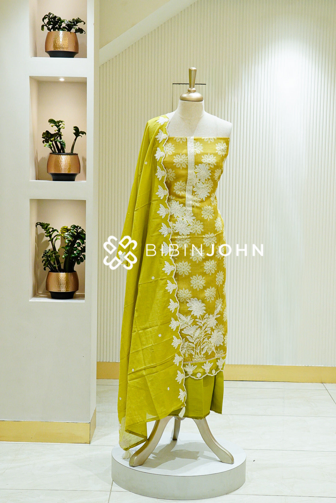 Linen Embroidery Unstitched Salwar Suit Material  Mustard Lime BJ1288
