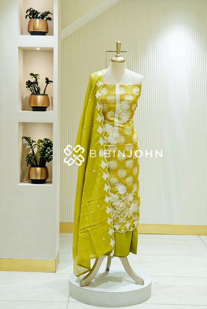 Linen Embroidery Unstitched Salwar Suit Material  Mustard Lime BJ1288