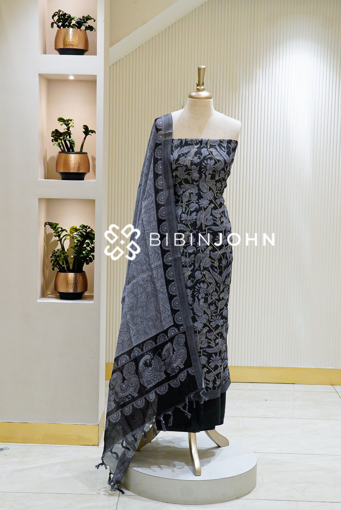 Art Linen Embroidery Unstitched Salwar Suit Material Black and Grey BJ1298