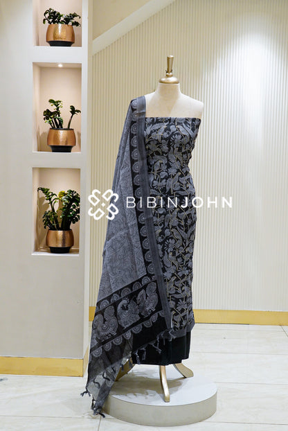 Art Linen Embroidery Unstitched Salwar Suit Material Black and Grey BJ1298