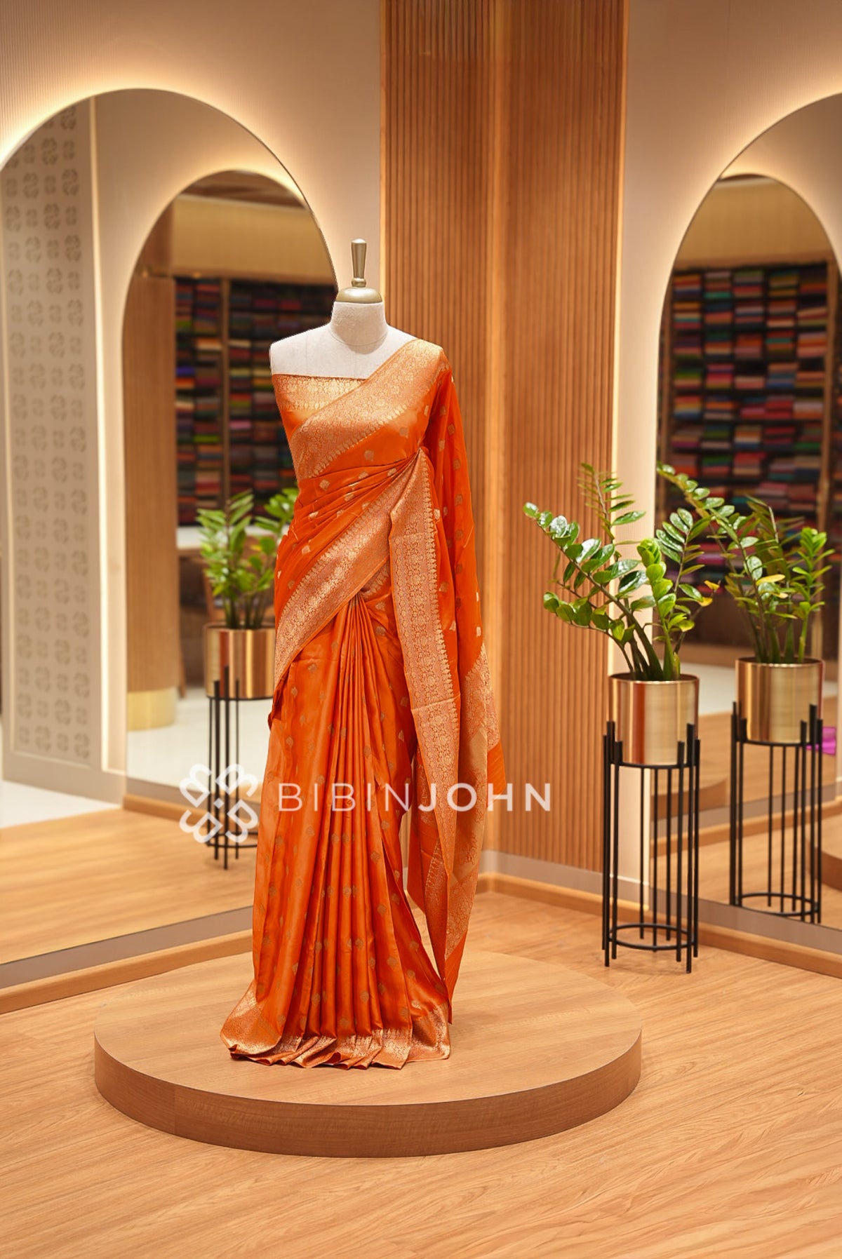 Silk Brocade Saree For Women Burnt Orange