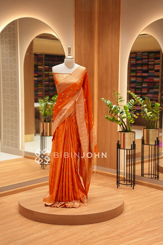 Silk Brocade Saree For Women Burnt Orange