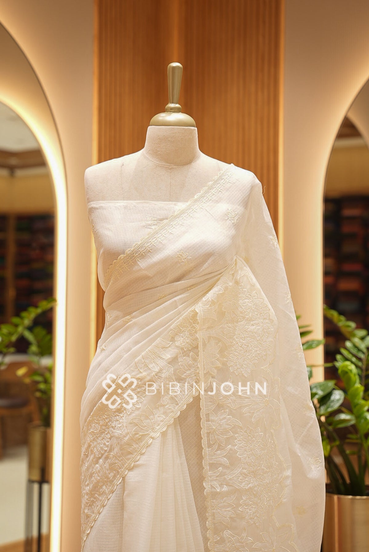 Cotta Embroidery Saree For Women Ivory Cream  CLOSE VIEW