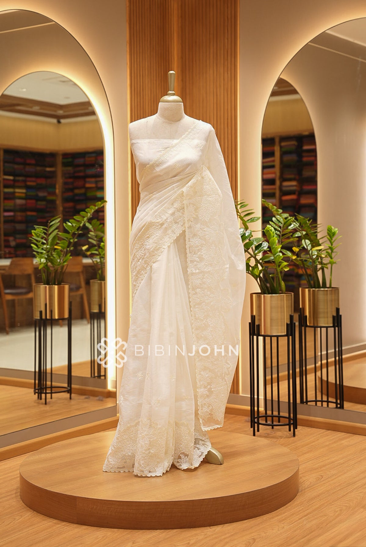 Cotta Embroidery Saree For Women Ivory Cream 
