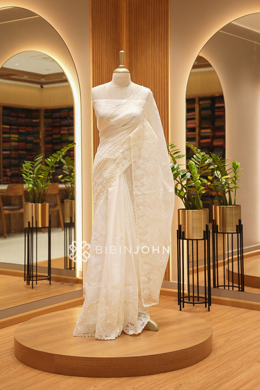 Cotta Embroidery Saree For Women Ivory Cream 