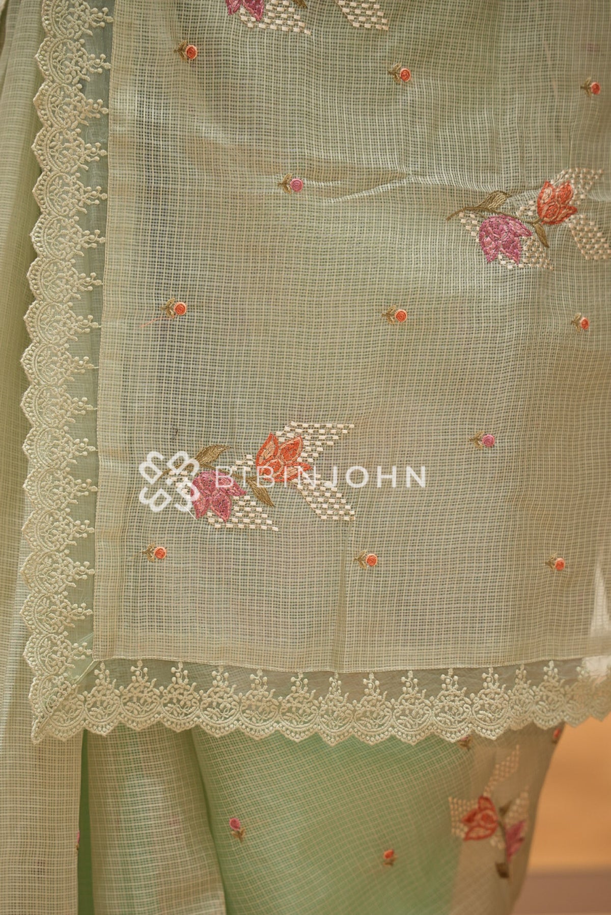 Cotta Embroidery Saree For Women Sage Green pallu