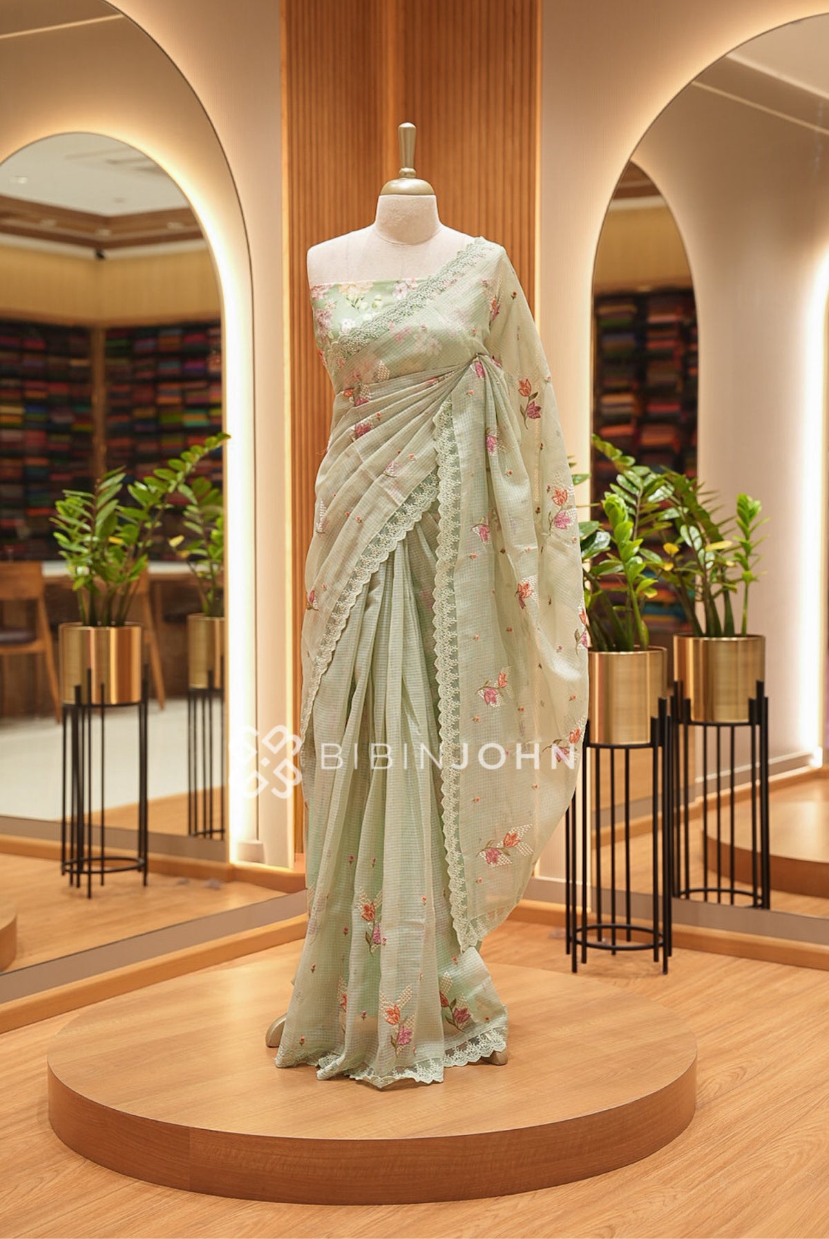 Cotta Embroidery Saree For Women Sage Green