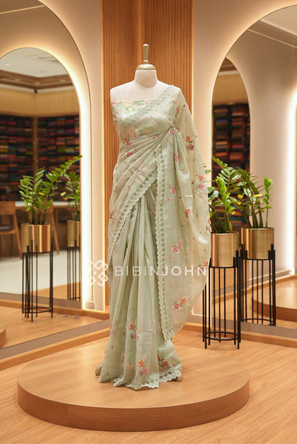 Cotta Embroidery Saree For Women Sage Green