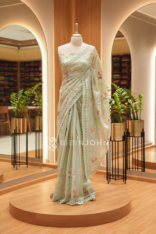 Cotta Embroidery Saree For Women Sage Green