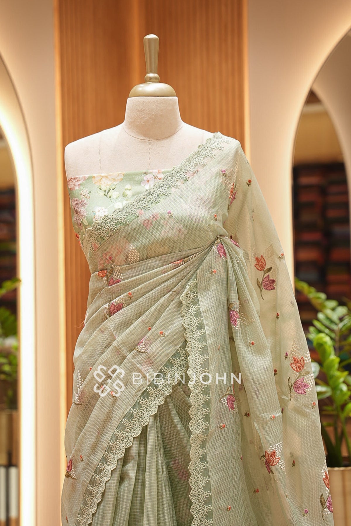 Cotta Embroidery Saree For Women Sage Green close view