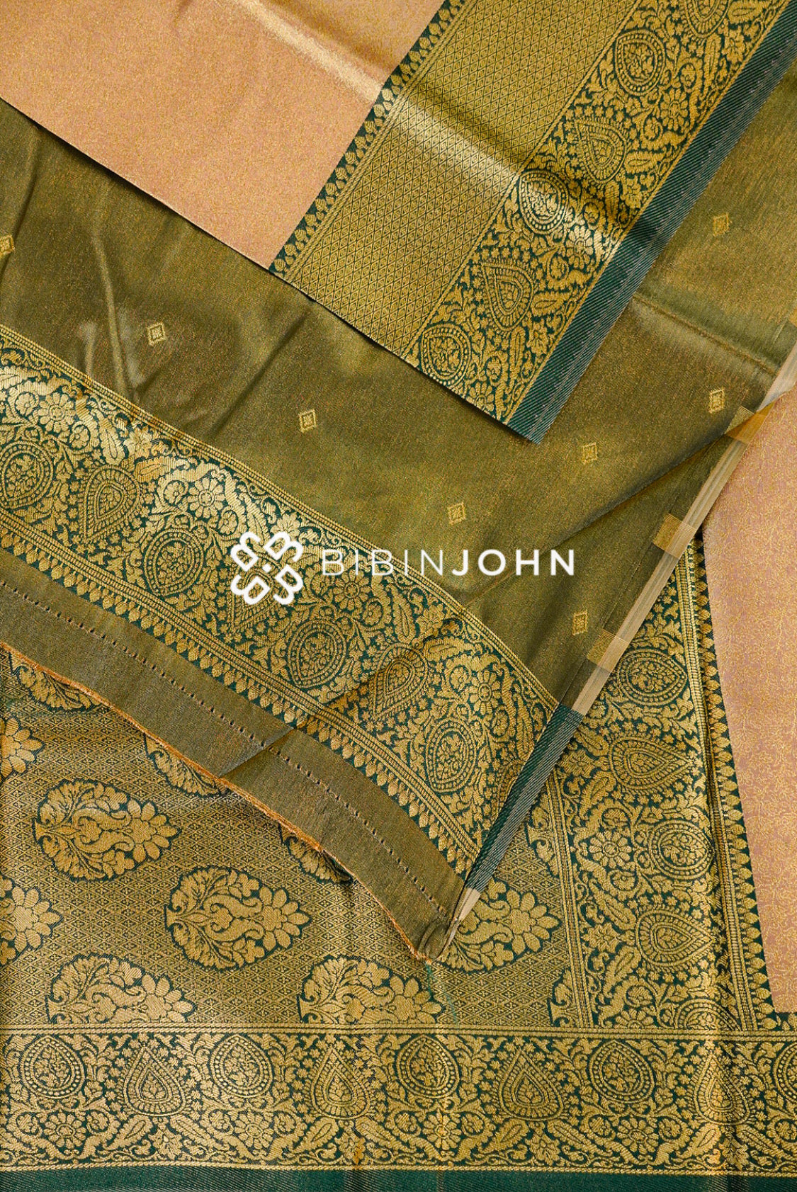 Semi Tissue Silk Saree For Women Champagne with Deep Bottle Green  CLOSE VIEW