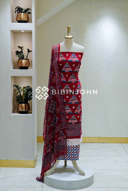Printed Cotton Unstitched Salwar Suit Material Red BJ1326
