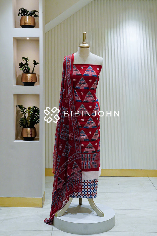 Printed Cotton Unstitched Salwar Suit Material Red BJ1326